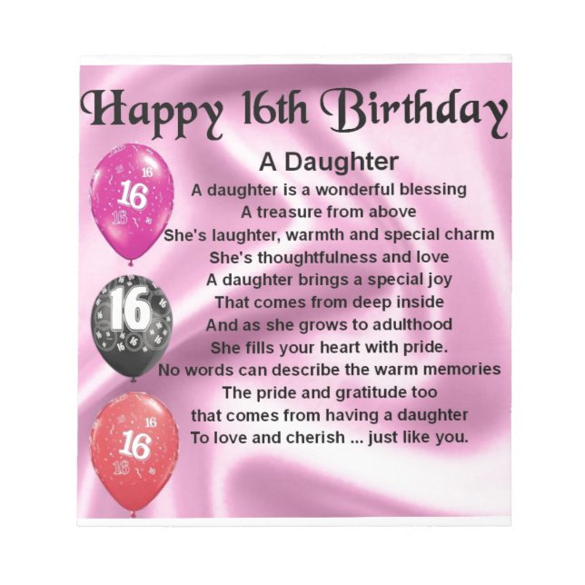 Daughter Gedicht 16. Geburtstag Notizblock (Vorderseite)
