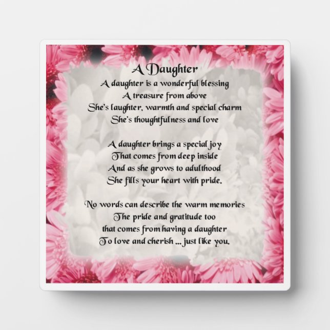 Daughter Gedicht Plaque - rosa Blumendesign Fotoplatte (Vorderseite)