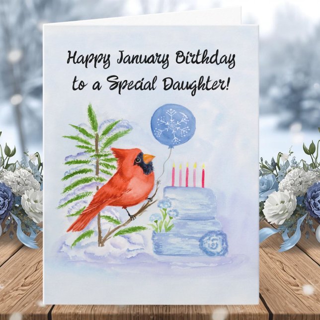 Daughter Happy January Birthday Cardinal with Cake Karte (Von Creator hochgeladen)