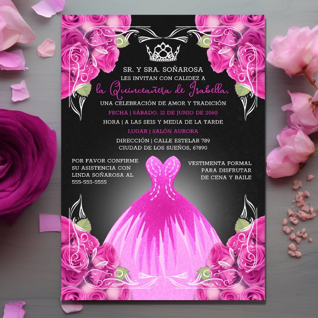 Daughter Pink Roses Quinceañera Elegant Celebratio Einladung (Daughter Pink Roses Quinceañera Elegant Celebration Invitation)