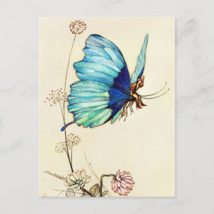 Däumling fährt auf einem blauen Schmetterling mit Postkarte