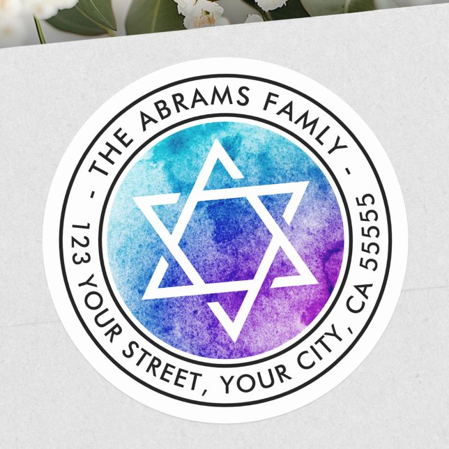 David Blue Aquarell Rücksendeadresse Runder Aufkleber (Star of David blue watercolor return address Classic Round Sticker)