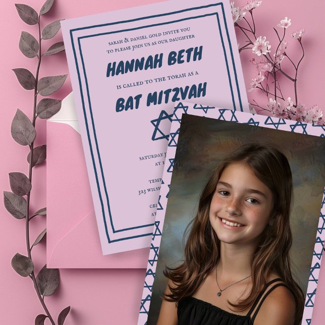 David Custom Foto B'nai Bat Bar Mitzvah Einladung (Star of David Custom Photo B'nai Bat Bar Mitzvah Invitation
Pink Simple Minimalist)