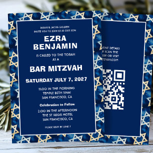 David Watercolor Custom QR Bar Bat Mitzvah Star Einladung