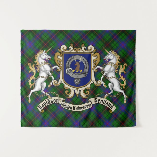 Davidson Clan Abzeichen & Unicorns w/Tartan Wandteppich (Vorderseite (Horizontal))