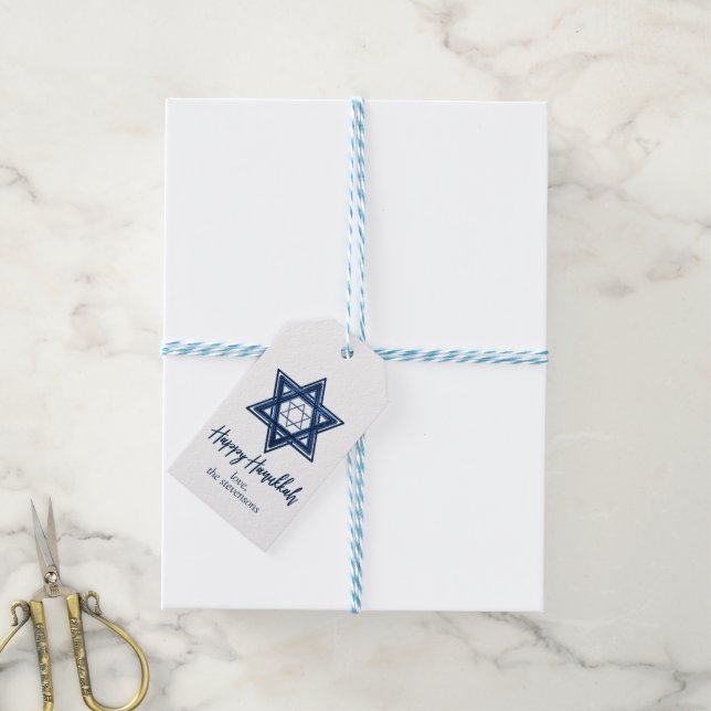 Davidstern | Classic Blue Modern Happy Hanukkah Geschenkanhänger (Mit Garn)