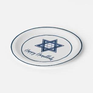 Davidstern   Classic Blue Modern Happy Hanukkah Pappteller