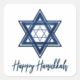 Davidstern Classic Blue Modern Happy Hanukkah Quadratischer Aufkleber