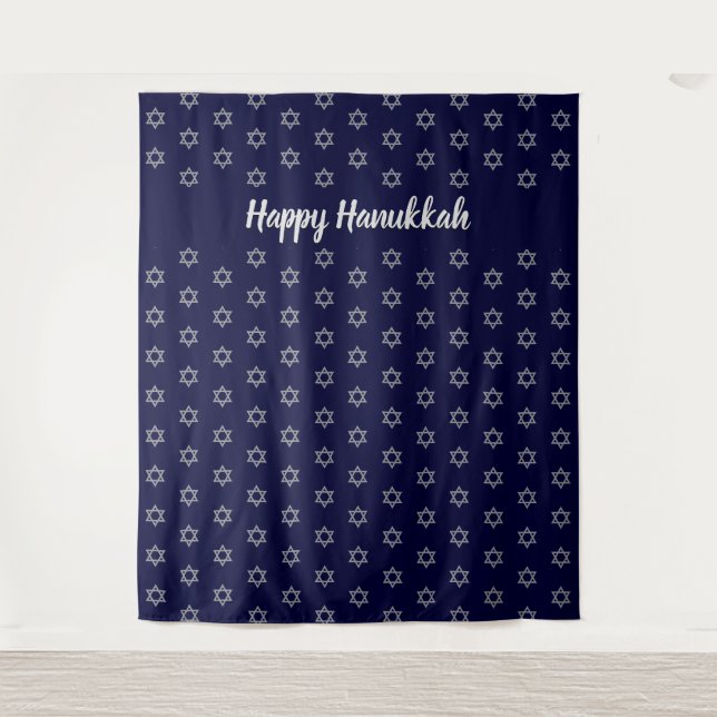 Davidstern | Happy Hanukkah Blue | Hintergrund Wandteppich (Vorderseite)