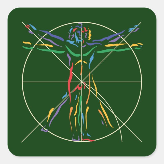 DaVinci Anatomy Man in Chakra Farben Quadratischer Aufkleber (Vorderseite)