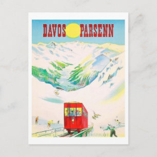 Davos Parsenn Bahn, roter Zug, Vintage-Reise Postkarte
