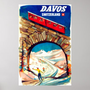 Davos, rote Luftseilbahn auf der Brücke, Schweiz Poster