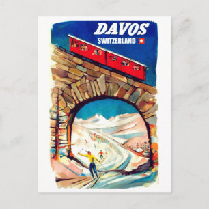 Davos, rote Luftseilbahn auf der Brücke, Schweiz Postkarte