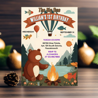 Day Brown Fun Fish Boy Niedlich Baby Bear 1. Gebur Einladung