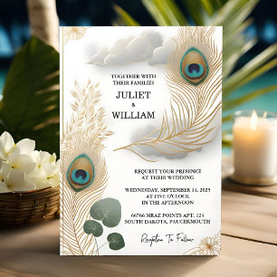 Day Feather Rustic Asian Sky Cloud Peacock Wedding Einladung