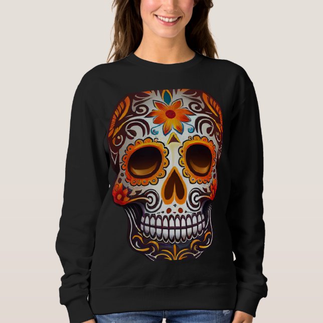 Day Of Dead Sugar Skull Floral Skeleton Head Bone  Sweatshirt (Vorderseite)