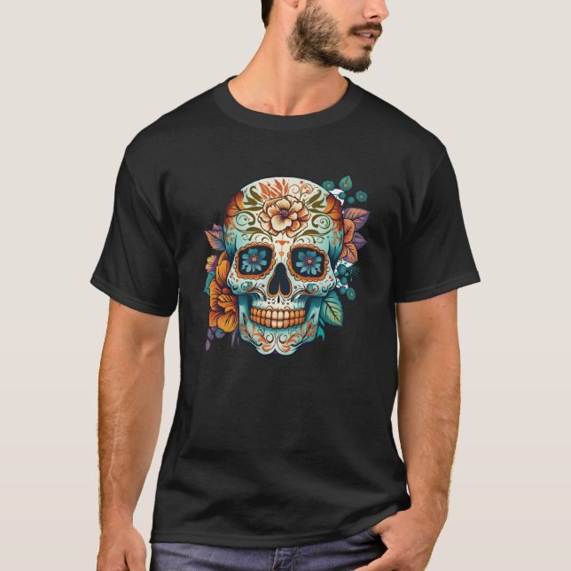 Day Of Dead Sugar Skull Floral Skeleton Head Bone  T-Shirt (Vorderseite)