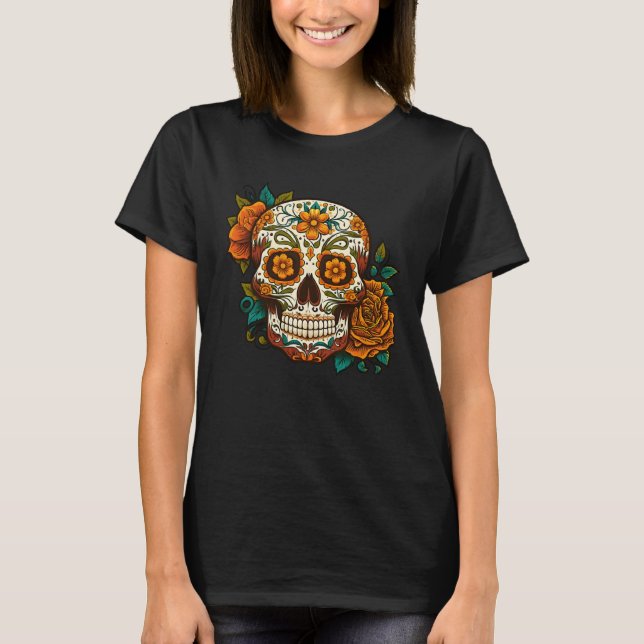 Day Of Dead Sugar Skull Floral Skeleton Head Bone  T-Shirt (Vorderseite)