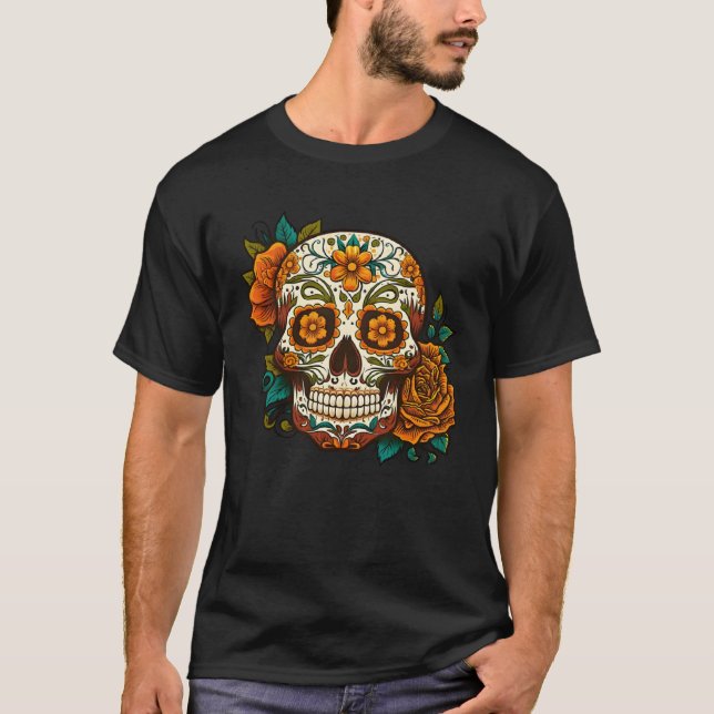 Day Of Dead Sugar Skull Floral Skeleton Head Bone  T-Shirt (Vorderseite)