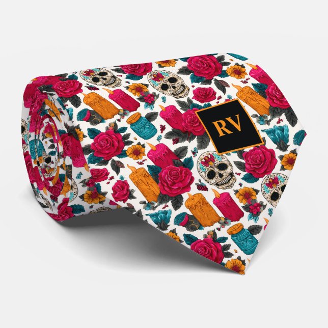 Day of the Dead Candles, Roses and Sugar Skulls Krawatte (Gerollt)