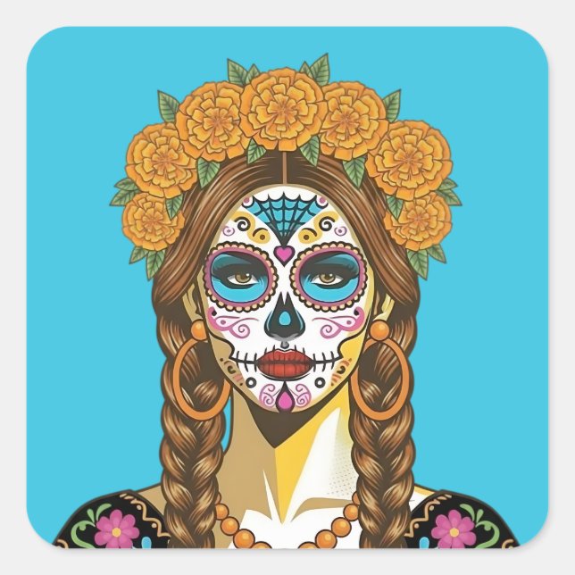 Day of the Dead Marigold Catrina Quadratischer Aufkleber (Vorderseite)