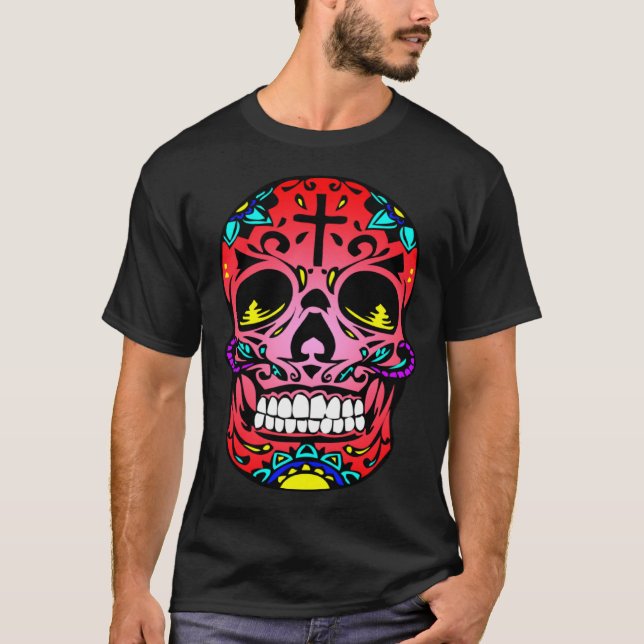 Day Of The Dead Red Face Cross Sugar Skull Hallowe T-Shirt (Vorderseite)