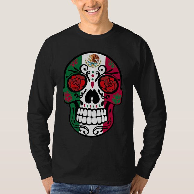Day Of The Dead Sugar Skull Halloween Mexican Flag T-Shirt (Vorderseite)