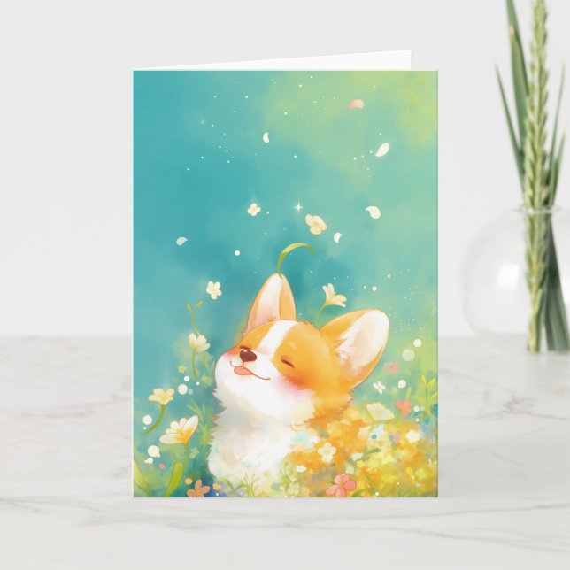 Daydreaming Corgi Umgeben von Blume Karte (Vorderseite)