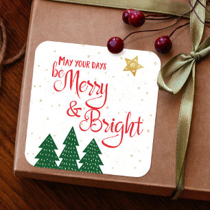 Days be Merry Bright Quote Trees Gold Star-Skript Quadratischer Aufkleber