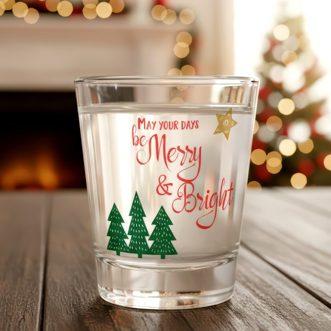 Days Be Merry Script Green Trees Gold Star Schnapsglas (Von Creator hochgeladen)