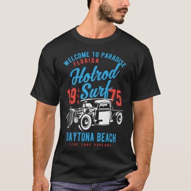 Daytona Beach Florida Retro Hotrod Surf Distressed T-Shirt (Vorderseite)