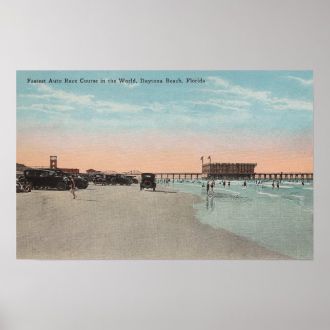 Daytona, FL - Sicht auf den Strand mit Autos und A Poster (Vorne)