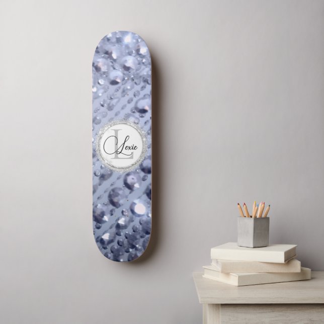 Dazzling Glittery Blue Beads Monogram Skateboard (Wandkunst)