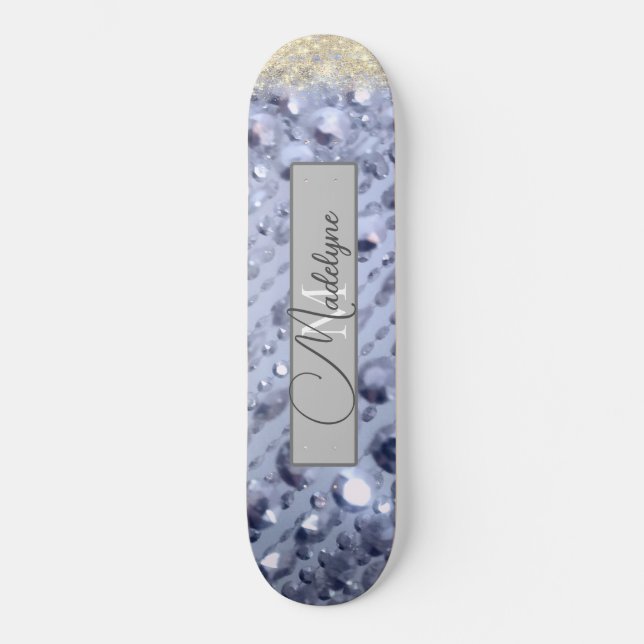 Dazzling Glittery Blue Beads Monogram Skateboard (Vorderseite)