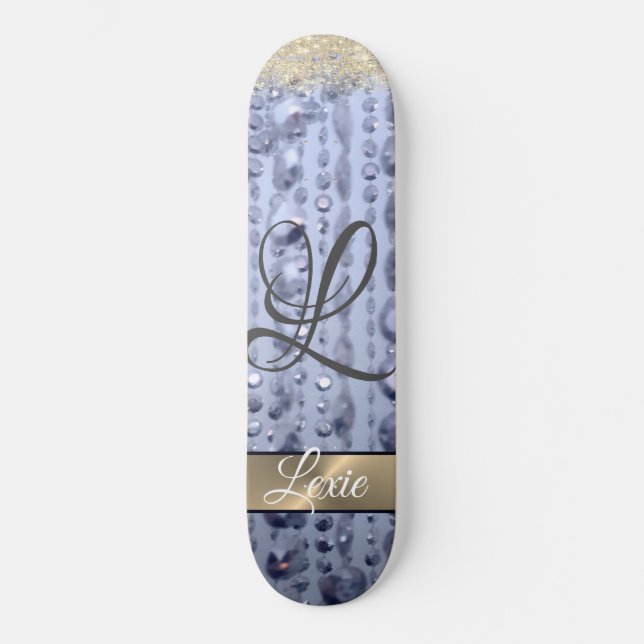 Dazzling Glittery Blue Beads Monogram Skateboard (Vorderseite)