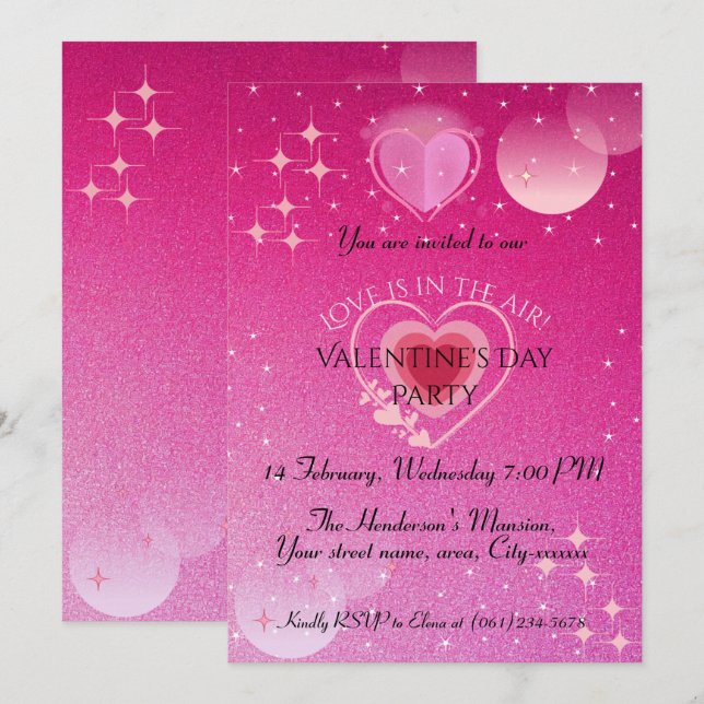Dazzling Pink Heart Valentine's Day Party Einladung (Vorne/Hinten)