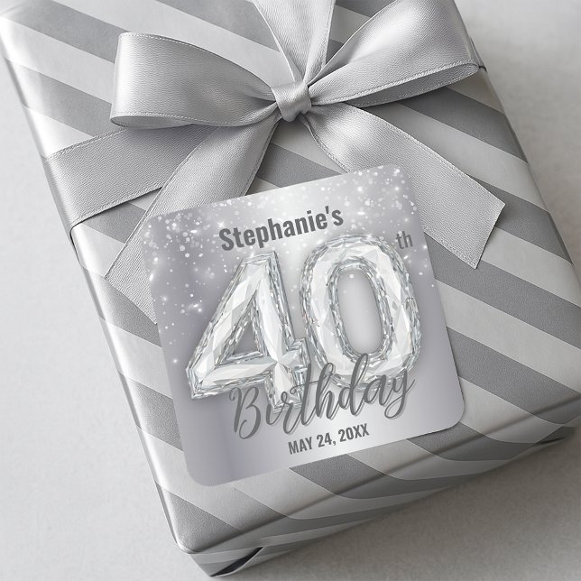  Dazzling Silver Sparkling Diamond 40th Birthday  Quadratischer Aufkleber (Von Creator hochgeladen)