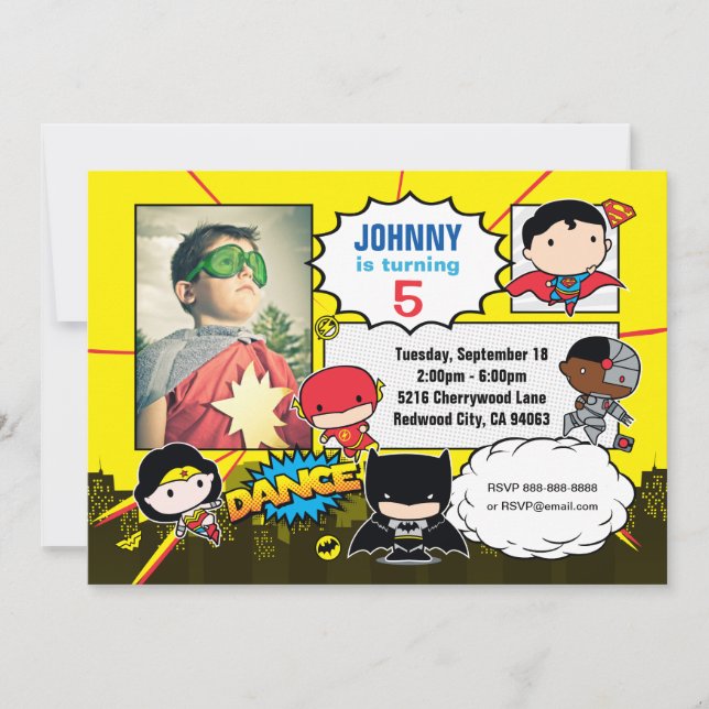 DC-Comic | Justice League - Chibi Birthday Foto Einladung (Vorderseite)