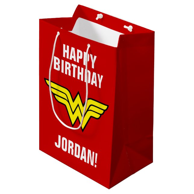 DC-Comic | Wonder Woman Logo | Happy Birthday Mittlere Geschenktüte (Vorderseite Schrägansicht)