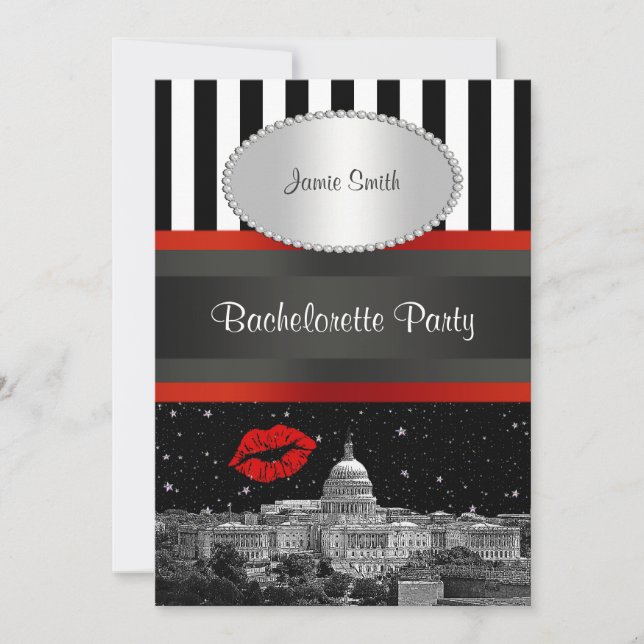 DC Skyline Blk Wht Strp Red Kiss Bachelorette Einladung (Vorderseite)