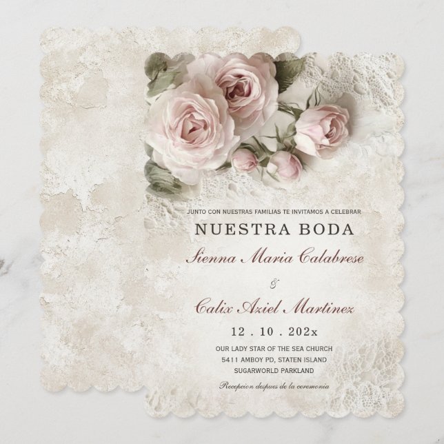 De Boda Elegante Con Flores Rosa Pastel Einladung (Vorne/Hinten)