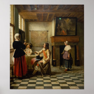 De Hooch - Eine Frau trinkt mit zwei Männern 1658 Poster