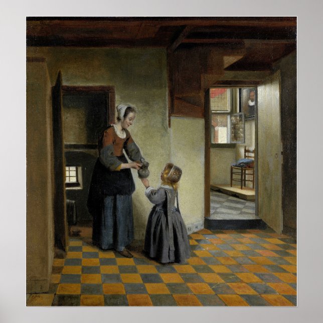 De Hooch - Frau mit Kind in Panik Poster (Vorne)
