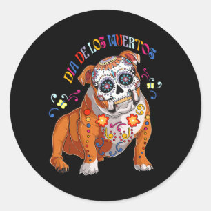 De Los Muertos English Bulldog Floral Skull Face Runder Aufkleber