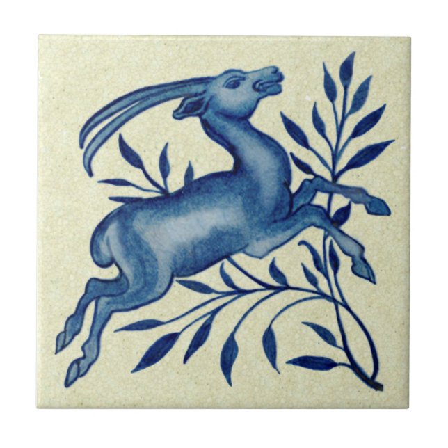 De Morgan Hand Painted Blue Antelope Antique Repro Fliese (Vorderseite)