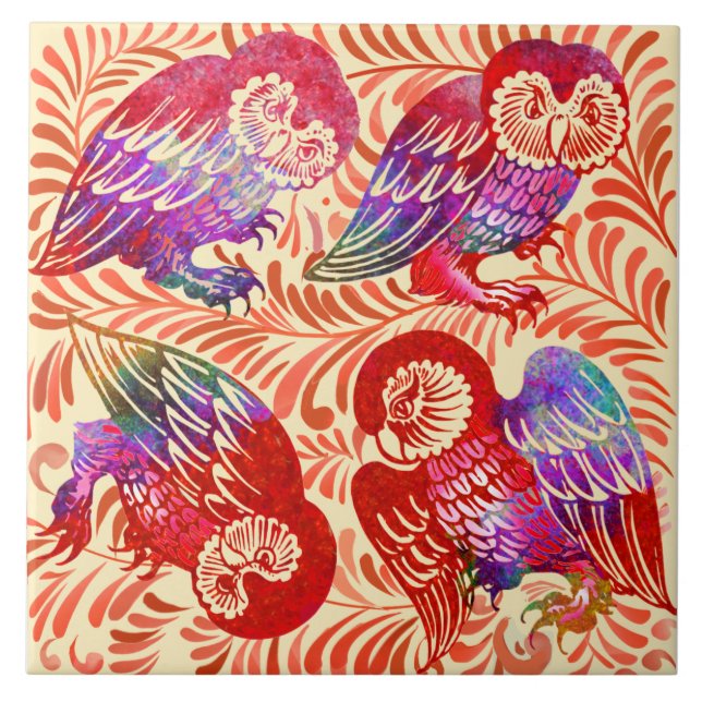 De Morgan Ruby Luster Owl Quartett Antirepro Fliese (Vorderseite)