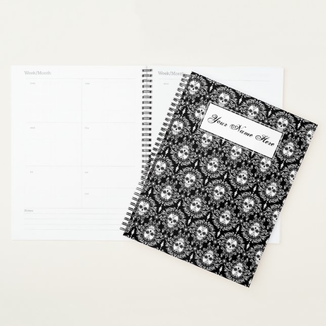 Dead Damask Chic Sugar Skulls Weiß auf schwarz Planer (Anzeige)