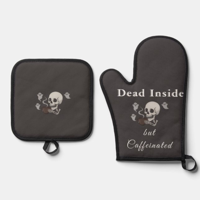 Dead Inside But Caffeinated – Halloween Pillow Ofenhandschuh & Topflappen-Set (Vorderseite)