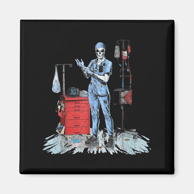 Deadside Nurse Blue Scrubs Funny Skeleton Doctor M Magnet (Vorne)