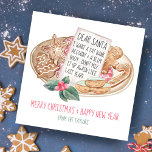 Dear Santa Fat Bank Account Slim Body Christmas  Feiertagskarte<br><div class="desc">Share some holiday humor with this square Christmas card featuring a watercolor "Dear Santa" letter and a plate of gingerbread cookies. The letter says "I want a fat bank account and a slim body... don't mix it up again like last year!" The greeting and name(s) can be personalized. Art by...</div>